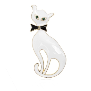 Broche Chat en Émail Mignonne pour Femmes Hommes Alliage Animal Épingle de Revers Avec Nœud Papillon Yeux en Strass Vert Cadeau Bijoux