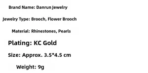 Detailed specs for pearl brooch featuring rhinestones and KC gold plated finish