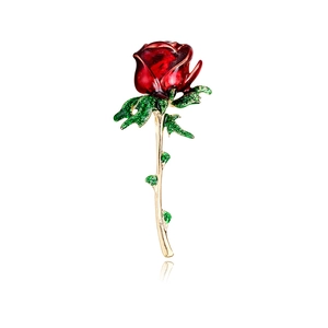 Eleganter rote Rose Brosche in Goldoptik mit Emaille-Blüten und funkelndem Diamantbesatz