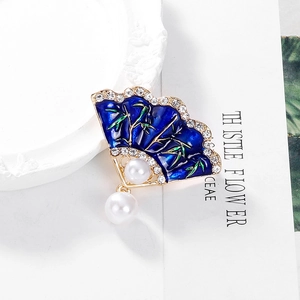Blue enamel fan brooch with bamboo pattern, sparkling rhinestones and pearl pendants