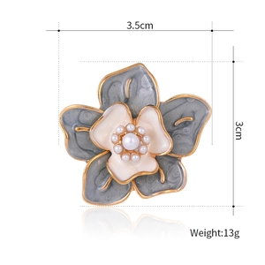 Vintage camellia pearl brooch with grey enamel petals and dimensions 3.5cm x 3cm