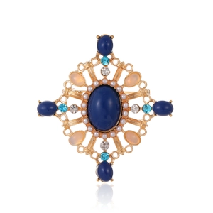 Baroque cross brooch with deep blue gemstone, imitation pearls and rhinestones on gold frame