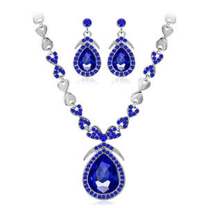 Detail of royal blue water-drop crystal necklace and earring set with silver alloy setting