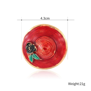 Vintage red wide brim hat brooch with black rose detail and 4.3cm diameter design
