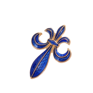 Vintage gold and navy blue enamel fleur-de-lis brooch pin with a royal court style