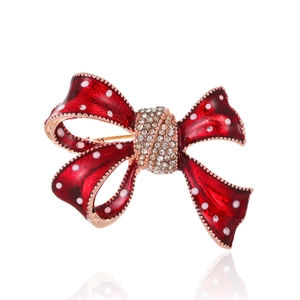 Vintage Red Polka Dot Bowknot Brooch Zinc Alloy Enamel Rhinestone Scarf Buckle For Suit Coat Accessories Jewelry Women