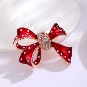 Elegant red polka dot bow brooch with rose gold plating and crystal accents for women
