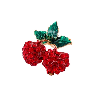 Elegant gold cherry brooch with sparkling red rhinestones and green enamel leaves
