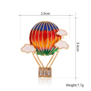 Rainbow hot air balloon brooch with enamel clouds and rhinestone basket, 2.9cm x 3.4cm