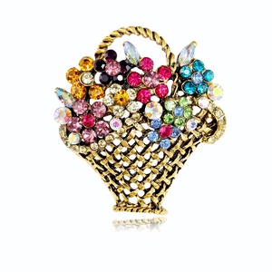 Broche de cesta de flores vintage dorado con diamantes de imitación de colores