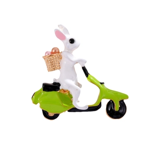 Cute enamel rabbit riding a green retro scooter brooch pin with creative animal design