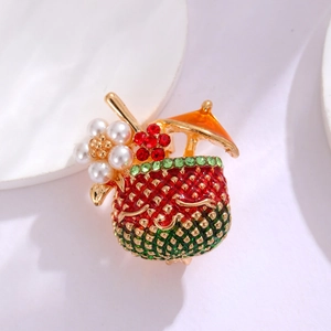 Creative gold pineapple drink brooch with red enamel, pearls and sparkling rhinestones
