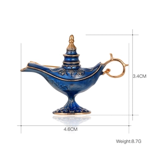 Detailed view of blue enamel magic lamp brooch with dimensions 4.6cm width and 8.7g weight