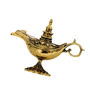 Exotic vintage Aladdin magic lamp brooch pin with golden relief and black enamel finish