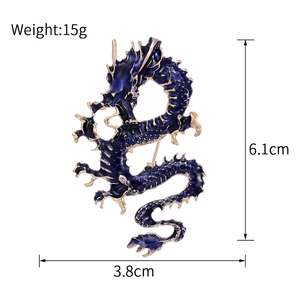 Broche dragon en émail bleu exquis en métal doré avec mesures de taille et de poids inclus