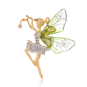 Exquisite golden fairy brooch with sparkling rhinestones and green translucent wings
