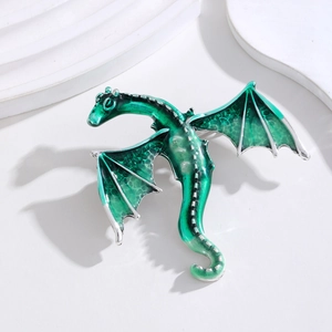 Green enamel flying dragon brooch with silver metal wings and crystal accents for men