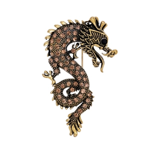 Vintage Chinese Style Dragon Rhinestone Brooch Zinc Alloy Full Crystal Inlaid Animal Pin For Women Men Banquet Jewelry
