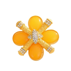 Baroque yellow flower brooch with crystal rhinestones and golden textured petals
