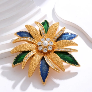 Exquisite golden enamel sunflower brooch with blue leaves and cream pearl center