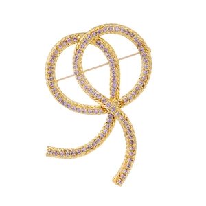 Vintage Twisted Rope Bowknot Brooch Pin For Women Gold Plated Alloy Purple Rhinestone Elegant Suit Coat Accessories