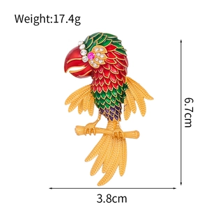 Colorful parrot enamel brooch with rhinestones and dimensions 6.7cm x 3.8cm
