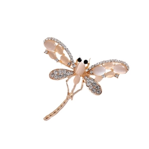 Magnifique broche libellule dorée avec ailes en œil de chat rose et cristaux brillants