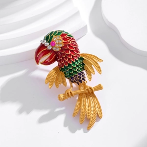 Enamel parrot brooch with colorful rhinestones on a gold branch for women jackets