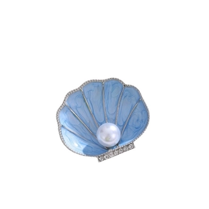 Elegant shell brooch with sky blue enamel, white pearl and sparkling crystals for suits