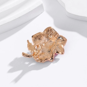 Rose flower brooch back view with gold plating and detailed leaf texture with safety clasp
