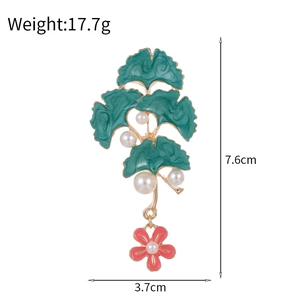 Ginkgo leaf brooch with green enamel, white pearls and pink flower pendant 7.6cm