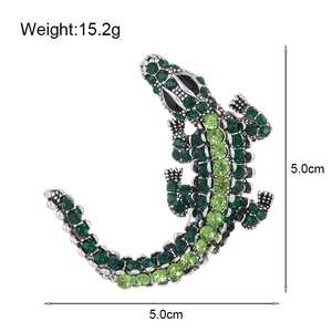 Vintage crocodile brooch with green rhinestones and silver metal finish, 5.0cm size
