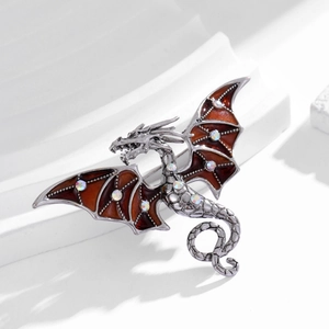 Spilla a forma di drago mitico con ali in smalto rosso e strass colorati brillanti