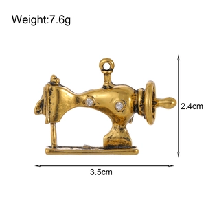 Golden sewing machine brooch with rhinestones, 3.5cm width retro alloy pin for clothes