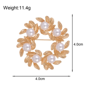 Minimalist matte gold wreath brooch with white pearls, circular design for women