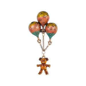 Vintage bear and hot air balloon brooch with colorful enamel finish and hanging charm