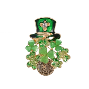 St Patrick's Day Green Hat Shamrock Brooch Women Men Gold Plated Enamel Clover Lucky Coin Rhinestone Lapel Pin Jewelry