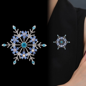 Vue détaillée et modèle portant la broche flocon de neige bleue sertie de cristaux
