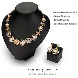 Parure de bijoux élégante en alliage doré avec collier de perles et strass