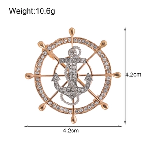 Sparkling crystal rhinestone ship wheel and anchor brooch pin for men suit accessory