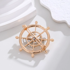 Golden ship wheel brooch with silver anchor and sparkling rhinestones for men suits