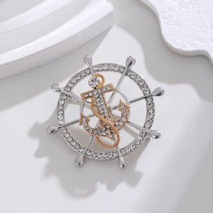 Luxurious gold and silver ship wheel anchor brooch with sparkling rhinestones for men