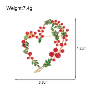 Vintage heart wreath brooch with mimosa berries and green rhinestones in gold finish