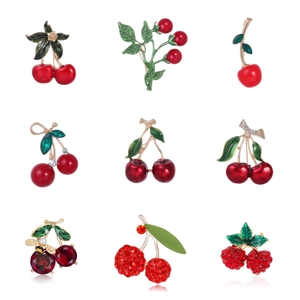 Sweet Zinc Alloy Enamel Cherry Brooch With Red Rhinestone Artificial Pearl Fruit Pins Fashion Accessories For Women