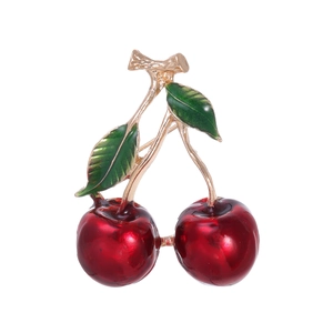 3D Emaille Rote Kirsche Frucht Brosche Legierung Gold Galvanisiert Blatt Pin Für Damen Anzug Schal Mode Koreanischer Stil Schmuck