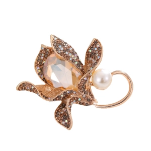 Vintage crystal flower brooch with champagne gemstone and small smoke rhinestones