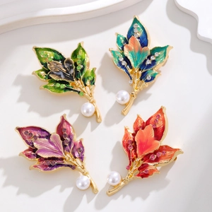 Elegant gold leaf brooches with colorful enamel finish and white pearls for women