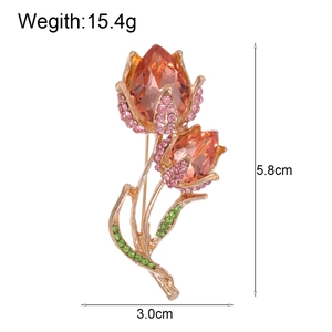 Elegant tulip flower brooch with orange crystals and rhinestones for women clothing