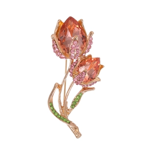 Elegant Tulip Flower Brooch For Women Zinc Alloy Rhinestone Glass Pin For Suits Overcoat Gold Orange Fashion Jewelry