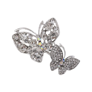 Silver crystal double butterfly brooch with sparkling rhinestones for suits
